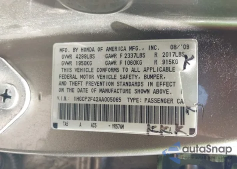 2010 Honda Accord 2.4 Lx-P from USA, damaged, VIN 1HGCP2F42AA005065